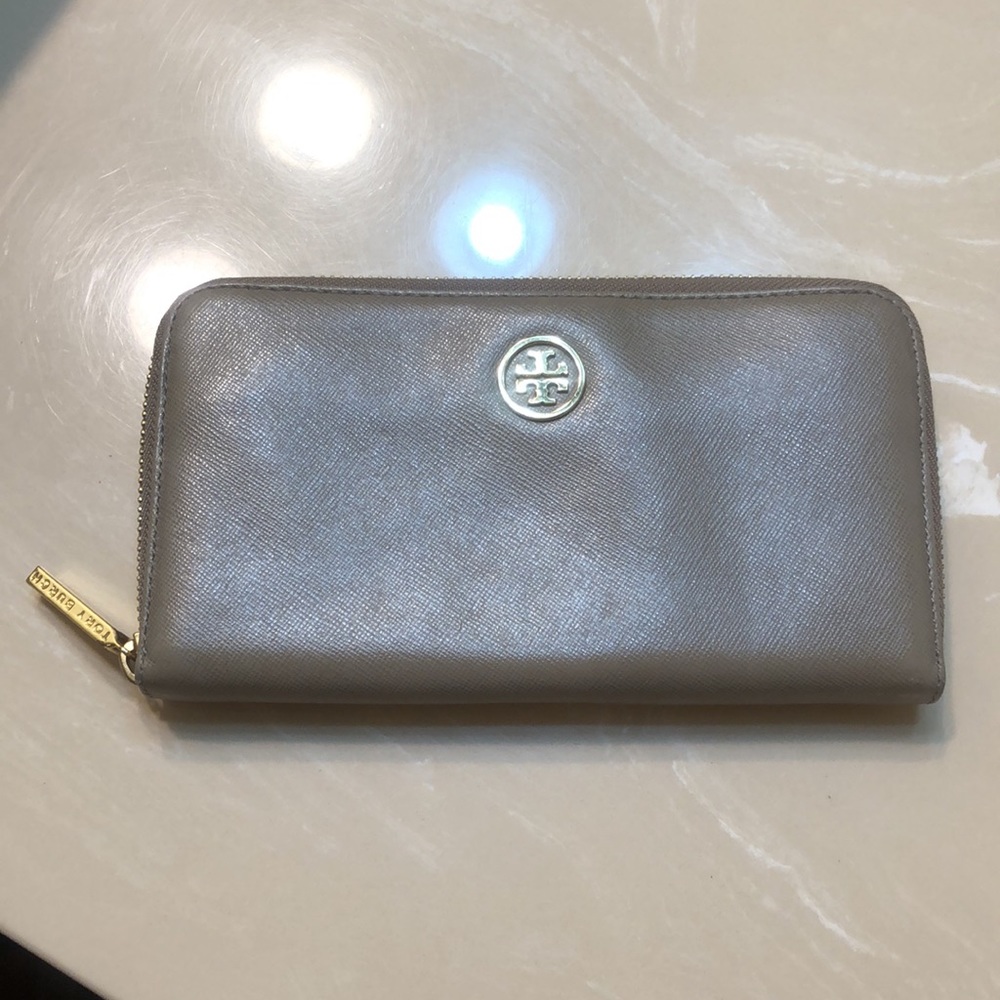 Tory Burch Metallic Taupe Zip Around Wallet